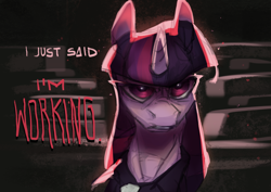 Size: 2480x1754 | Tagged: safe, artist:feelinnglad, derpibooru exclusive, twilight sparkle, pony, unicorn, g4, angry, clothes, creepy, frown, solo, sternocleidomastoid, text