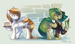 Size: 3007x1784 | Tagged: safe, artist:feelinnglad, derpibooru exclusive, oc, oc only, oc:coffee cream, oc:mojito lush, pegasus, pony, alcohol, clothes, cocktail, coffee, drink, male, mojito, watch