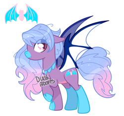 Size: 2000x1875 | Tagged: safe, artist:dixieadopts, oc, oc only, oc:poison fly, bat pony, pony, clothes, collar, colored muzzle, colored wings, cute, cute little fangs, ear tufts, ears back, fangs, female, gradient mane, gradient tail, hoof shoes, mare, multicolored wings, pink eyes, raised hoof, simple background, slit pupils, solo, sparkly mane, sparkly tail, spread wings, standing, stockings, tail, thigh highs, transparent background, wings