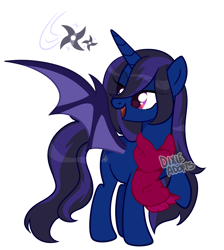 Size: 2034x2266 | Tagged: safe, artist:dixieadopts, oc, oc only, oc:jade breeze, alicorn, bat pony, bat pony alicorn, pony, bat wings, clothes, colored wings, eye clipping through hair, female, high res, horn, lidded eyes, long mane, looking back, magenta eyes, mare, open mouth, raised hoof, scarf, simple background, smiling, solo, spread wings, standing, transparent background, turned head, wings