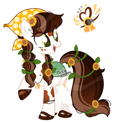 Size: 2000x2163 | Tagged: safe, artist:dixieadopts, oc, oc only, oc:sunflower meadows, earth pony, pony, bandana, body markings, braid, clothes, facial markings, female, flower, flower in hair, freckles, gradient mane, gradient tail, green eyes, high res, jewelry, looking back, mare, necklace, open mouth, raised hoof, shoes, simple background, smiling, solo, standing, stockings, sunflower, tail, thigh highs, transparent background, vine
