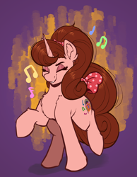 Size: 2132x2744 | Tagged: safe, artist:witchtaunter, oc, oc only, pony, unicorn, 50s, bow, chest fluff, commission, cute, dancing, ear fluff, happy, high res, music notes, simple background, smiling, solo, tail, tail bow