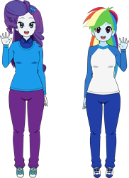 Size: 1060x1457 | Tagged: safe, artist:ardoplasma41, artist:neoduelgx, rainbow dash, rarity, human, equestria girls, g4, clothes, duo, female, height difference, humanized, kisekae, lesbian, pants, ship:raridash, shipping, shirt, shoes, simple background, sneakers, sweater, t-shirt, transparent background, waving