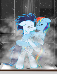 Size: 782x1022 | Tagged: safe, artist:shieldwingarmorofgod, rainbow dash, soarin', pegasus, pony, g4, duo, female, kissing, making out, male, mare, ship:soarindash, shipping, shower, stallion, straight