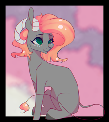 Size: 901x1000 | Tagged: safe, artist:minckies, oc, oc only, goat, goat pony, pony, abstract background, horns, looking back, ram horns, smiling, solo