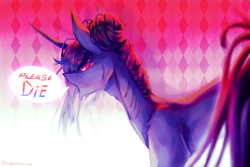 Size: 3000x2000 | Tagged: safe, artist:prettyshinegp, oc, oc only, pony, unicorn, abstract background, adam's apple, angry, high res, horn, injured, leg fluff, looking back, scar, signature, solo, sternocleidomastoid, stitches, talking, thin, unicorn oc