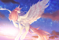Size: 1600x1067 | Tagged: safe, artist:prettyshinegp, oc, oc only, pegasus, pony, female, flying, looking back, mare, pegasus oc, solo, spread wings, stars, twilight (astronomy), wings