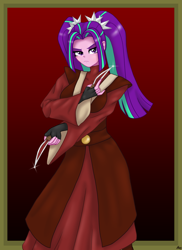 Size: 2975x4092 | Tagged: safe, artist:lennondash, part of a set, aria blaze, human, equestria girls, g4, avatar the last airbender, blade, clothes, clothes swap, crossover, female, frame, frown, gradient background, high res, lidded eyes, looking at you, mai, red background, solo