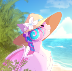 Size: 2204x2160 | Tagged: safe, artist:elektra-gertly, oc, oc only, oc:sweetie swirl, bat pony, pony, bat pony oc, beach, commission, eye clipping through hair, grin, hat, high res, looking up, male, not flurry heart, ocean, partially open wings, smiling, solo, stallion, sun hat, water, wings