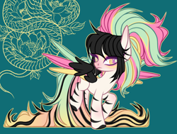 Size: 4122x3120 | Tagged: safe, artist:justsadluna, oc, oc only, pegasus, pony, zebra, zebrasus, eyelashes, female, flower, mare, pegasus oc, raised hoof, solo