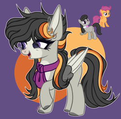 Size: 3896x3824 | Tagged: safe, artist:justsadluna, octavia melody, scootaloo, oc, earth pony, pegasus, pony, g4, abstract background, bowtie, clothes, colored hooves, colored wings, eyelashes, female, filly, foal, high res, magical lesbian spawn, mare, oc focus, octavia's bowtie, offspring, parent:octavia melody, parent:scootaloo, parents:scootavia, pegasus oc, scarf, smiling, solo focus, two toned wings, wings