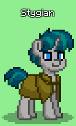 Size: 492x816 | Tagged: safe, stygian, pony, unicorn, pony town, g4, cloak, clothes, green background, male, simple background, solo, stallion