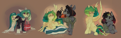 Size: 5308x1649 | Tagged: safe, artist:feelinnglad, oc, oc only, oc:jackass (nickel jack), oc:mojito lush, pegasus, pony, unicorn, broken horn, clothes, comb, couple, feminine stallion, horn, jacket, magic, pillow