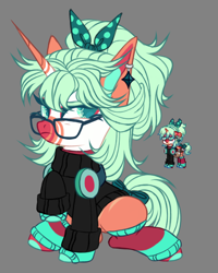 Size: 2752x3432 | Tagged: safe, artist:justsadluna, oc, oc only, pony, unicorn, pony town, bow, clothes, duo, eyelashes, female, glasses, gray background, hair bow, headphones, high res, horn, leg warmers, mare, pixel art, raised hoof, simple background, sweater, unicorn oc