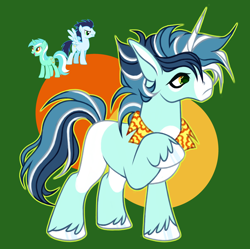 Size: 3390x3372 | Tagged: safe, artist:justsadluna, lyra heartstrings, soarin', oc, pony, unicorn, g4, abstract background, eyelashes, female, green background, high res, horn, male, mare, offspring, parent:lyra heartstrings, parent:soarin', simple background, stallion, unicorn oc, unshorn fetlocks