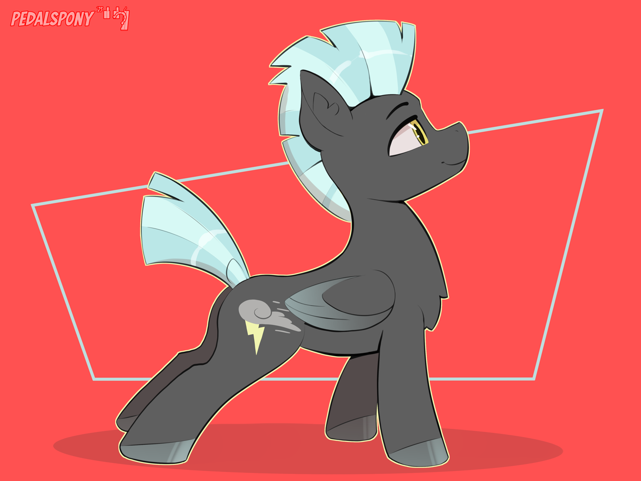 [butt,chest fluff,hooves,male,pegasus,plot,pony,safe,signature,simple background,solo,stallion,standing,thunderlane,wings,looking up,side view,concave belly,abstract background,colored hooves,smiling,folded wings,artist:pedalspony,red background]