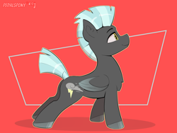 Size: 4000x3000 | Tagged: safe, artist:pedalspony, thunderlane, pegasus, pony, g4, abstract background, chest fluff, colored hooves, concave belly, folded wings, hooves, looking up, male, red background, side view, signature, simple background, smiling, solo, stallion, standing, wings