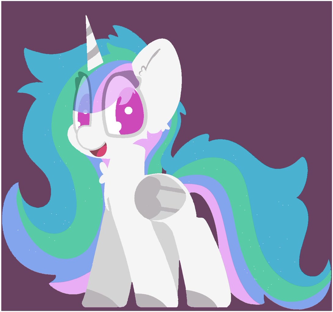 [alicorn,big eyes,chest fluff,colored,female,looking at you,mare,missing accessory,open mouth,pony,princess celestia,safe,simple background,solo,hair over eyes,no pupils,flat colors,eye clipping through hair,big ears,smiling,open smile,artist:moonydusk]