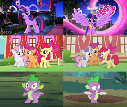 Size: 2506x2115 | Tagged: safe, editor:incredibubbleirishguy, screencap, apple bloom, scootaloo, spike, sweetie belle, twilight sparkle, alicorn, dragon, earth pony, pegasus, pony, unicorn, crusaders of the lost mark, g4, magical mystery cure, molt down, season 3, season 5, season 8, spike at your service, apple bloom's cutie mark, comparison, compilation, cutie mark crusaders, female, filly, high res, male, scootaloo's cutie mark, sweetie belle's cutie mark, the cmc's cutie marks, then and now, twilight sparkle (alicorn), unicorn twilight, winged spike, wings