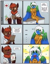 Size: 2802x3572 | Tagged: safe, artist:zackwhitefang, oc, oc only, oc:rowena, oc:zack whitefang, bat, pegasus, anthro, unguligrade anthro, bat wings, bedroom eyes, breasts, clipboard, clothes, comic, dialogue, digital art, duo, eyes closed, female, furry, furry oc, happy, high res, lab coat, male, open mouth, scp, sitting, speech bubble, spread wings, suit, talking, text, wings, worried