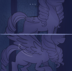 Size: 706x697 | Tagged: safe, anonymous artist, opaline arcana, alicorn, pony, series:misty pov, g5, ..., comic, female, frown, limited palette, mare, motion lines, ringlets, smiling, solo, spread wings, this will end in tears, this will not end well, wings