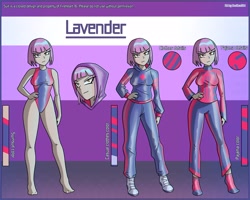 Size: 2500x2000 | Tagged: safe, artist:devillustart, oc, oc only, oc:nurse lavender blossom, human, equestria girls, g4, clothes, eye clipping through hair, eyebrows, eyebrows visible through hair, female, fireheart76's latex suit design, hand on hip, high res, human oc, humanized, latex, latex socks, latex suit, prisoners of the moon, reference sheet, rubber, rubber socks, rubber suit, socks, solo, stocking feet