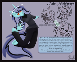 Size: 3000x2400 | Tagged: safe, artist:asiandra dash, oc, oc only, oc:arie nikiforova, unicorn, anthro, unguligrade anthro, arm band, arrow, belt, clothes, description, ear piercing, earring, facial markings, fangs, female, gritted teeth, high res, jewelry, looking at you, mask, nail polish, nails, open mouth, pants, piercing, reference sheet, ring, scarf, signature, simple background, solo, teeth, text, text box