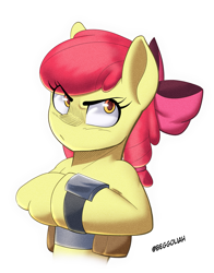 Size: 1837x2338 | Tagged: safe, artist:begoliah, apple bloom, earth pony, pony, semi-anthro, comic:crusaders, g4, arm hooves, female, looking at you, simple background, solo, transparent background