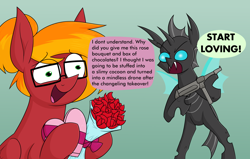Size: 2508x1596 | Tagged: safe, alternate version, artist:moonatik, oc, oc only, oc:moonatik, changeling, pegasus, pony, abstract background, angry, bouquet of flowers, box of chocolates, confused, dialogue, duo, flower, glasses, hair bun, male, meme, mp40, pegasus oc, ponified meme, rose, stallion