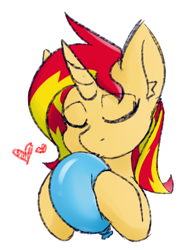 Size: 446x582 | Tagged: safe, anonymous artist, sunset shimmer, pony, unicorn, g4, balloon, curved horn, eyes closed, female, heart, holding, horn, kissing, simple background, solo, that pony sure does love balloons, white background
