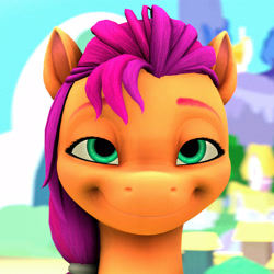 Size: 2160x2160 | Tagged: safe, artist:anythingpony, sunny starscout, earth pony, pony, g5, 3d, female, funny face, high res, looking forward, mare, ponyville, smiling, solo