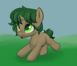 Size: 2600x2200 | Tagged: safe, artist:dumbwoofer, oc, oc:pine shine, pony, unicorn, :p, blank flank, chest fluff, cute, ear fluff, female, field, filly, foal, high res, running, solo, tongue out