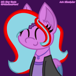 Size: 1200x1200 | Tagged: safe, alternate version, artist:silvaqular, oc, oc only, oc:star beats, pegasus, pony, ^^, animated, clothes, eyes closed, folded wings, hairclip, happy, jacket, jewelry, listening, listening to music, magenta, multicolored hair, necklace, purple background, shirt, signature, simple background, solo, vibing, wings