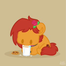 Size: 585x584 | Tagged: safe, artist:sugar morning, oc, oc:kale triton, earth pony, pony, animated, collar, commission, cookie, cute, flower, flower in hair, food, glass, milk, mlem, silly, sipping, smol, solo, tongue out, ych result