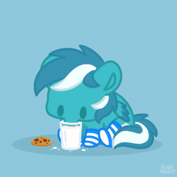 Size: 585x584 | Tagged: safe, artist:sugar morning, oc, oc:cyan stratus, pegasus, pony, animated, commission, cookie, cute, food, glass, milk, mlem, pegasus oc, silly, sipping, smol, solo, tongue out, ych result