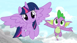 Size: 1918x1080 | Tagged: safe, artist:cloudy glow, artist:surprisepi, spike, twilight sparkle, alicorn, dragon, pony, g4, duo, female, flying, male, twilight sparkle (alicorn), winged spike, wings