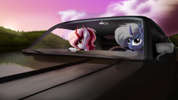 Size: 2500x1410 | Tagged: safe, artist:rainydark, oc, oc only, pony, unicorn, ambient, car, cloud, digital art, driving, duo, horn, looking at you, looking back, looking back at you, looking up, shadow, sun, trail, unicorn oc