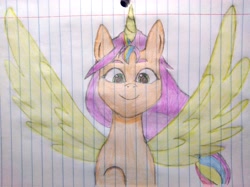 Size: 3224x2416 | Tagged: safe, artist:twiny dust, derpibooru exclusive, sunny starscout, alicorn, pony, g5, colored, colored pencil drawing, female, high res, lined paper, mane stripe sunny, pencil drawing, race swap, smiling, solo, sunnycorn, traditional art