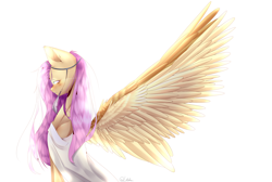 Size: 5000x3350 | Tagged: safe, artist:mynameislele, fluttershy, pegasus, pony, g4, clothes, profile, simple background, solo, spread wings, white background, wings