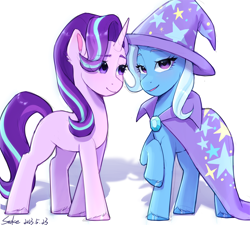 Size: 2000x1800 | Tagged: safe, artist:xiaowu07, starlight glimmer, trixie, pony, unicorn, g4, cape, clothes, cute, duo, duo female, eyeshadow, female, hat, looking at someone, looking at you, makeup, mare, raised hoof, signature, simple background, smiling, trixie's cape, trixie's hat, white background