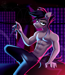 Size: 3000x3440 | Tagged: safe, artist:rtootb, oc, oc only, oc:dream poet, earth pony, anthro, plantigrade anthro, abs, art trade, black hair, blue eyes, closed mouth, clothes, cool, dark background, digital art, earth pony oc, high res, knife, looking at you, male, muscles, muscular male, nudity, pants, partial nudity, pecs, shading, simple background, solo, stallion, unamused