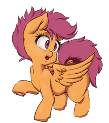 Size: 516x582 | Tagged: safe, artist:mallegos, scootaloo, pegasus, pony, g4, female, filly, foal, frog (hoof), open mouth, open smile, partially open wings, raised hoof, simple background, smiling, solo, transparent background, underhoof, wings