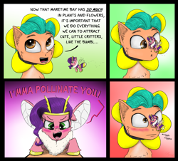 Size: 2660x2407 | Tagged: safe, artist:chopsticks, hitch trailblazer, pipp petals, bee, bee pony, bumblebee, earth pony, insect, original species, pegasus, pony, g5, :|, adorapipp, balancing, blushing, bumblebipp, cheek fluff, chest fluff, comic, cute, dialogue, duo, ear fluff, female, floppy ears, flower, flower costume, flying, high res, hitchbetes, looking at each other, looking at someone, looking at you, male, mare, open mouth, personal space invasion, pipp is short, pipp is smol, ponies balancing stuff on their nose, sex joke, ship:pitch, shipping, species swap, stallion, straight, text, this will end in pollination, tiny, tiny ponies, unshorn fetlocks, wiggle, yelling