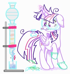 Size: 1200x1261 | Tagged: safe, artist:jack107401, twilight sparkle, alicorn, pony, g4, acid, chemistry, clothes, column, experiment, flask, floppy ears, gloves, goggles, latex, latex gloves, messy hair, messy mane, simple background, solo, thermometer, twilight sparkle (alicorn), white background