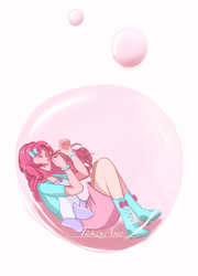 Size: 758x1055 | Tagged: safe, artist:takzuame, pinkie pie, earth pony, human, equestria girls, g4, bubble, clothes, cute, diapinkes, female, in bubble, pinkie pie trapped in a bubble, skirt, sleeping, soap bubble, solo