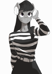 Size: 628x887 | Tagged: safe, artist:egil, octavia melody, earth pony, anthro, g4, breasts, busty octavia melody, clothes, female, headphones, headset, looking up, mare, shirt, simple background, solo, striped shirt, white background