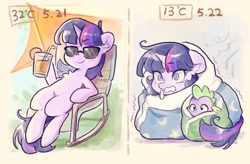 Size: 1839x1209 | Tagged: safe, artist:千雲九枭, spike, twilight sparkle, dragon, pony, unicorn, g4, blanket, blanket burrito, chair, cold, drink, duo, duo male and female, female, floppy ears, glass, glasses, hoof hold, lying down, magnetic hooves, male, mare, on back, sitting, smiling, sunglasses, unicorn twilight