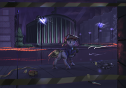 Size: 3211x2258 | Tagged: safe, artist:ciborgen, oc, oc only, earth pony, pony, broken glass, butt, cake, camera, cap, city, crime scene, female, flat cap, food, hat, high res, looking at you, looking back, looking back at you, mare, night, plot, police tape, solo