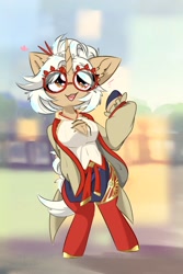 Size: 2000x3000 | Tagged: safe, artist:jubyskylines, unicorn, semi-anthro, arm hooves, blushing, boob window, chest fluff, chopsticks, chopsticks in hair, clothes, cute, cute little fangs, ear fluff, fangs, female, glasses, heart, high res, mare, not breasts, open mouth, ponified, purah, smiling, solo, the legend of zelda, the legend of zelda: tears of the kingdom