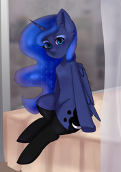 Size: 2508x3541 | Tagged: safe, artist:etter, princess luna, alicorn, pony, g4, chest fluff, clothes, female, high res, horn, looking at you, mare, sitting, socks, solo, stockings, thigh highs, wings